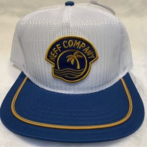 Neff Company White Blue Flat Brim Trucker Mesh 5 Panel Hat Grandad Golf